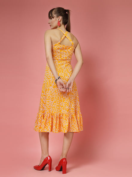 Women Yellow Printed A-Line Midi Dress