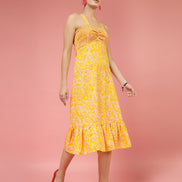 Women Yellow Printed A-Line Midi Dress