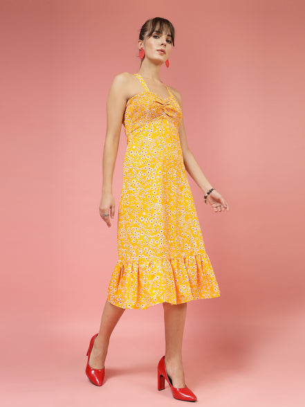Women Yellow Printed A-Line Midi Dress