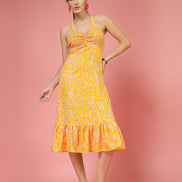 Women Yellow Printed A-Line Midi Dress