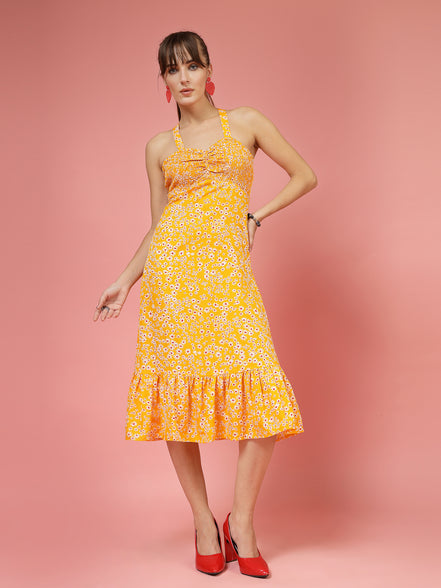 Women Yellow Printed A-Line Midi Dress
