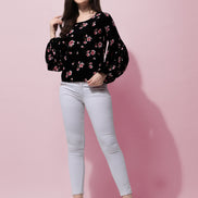 Floral Printed Round Neck Long Puff Sleeves Regular Top
