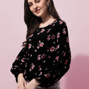 Floral Printed Round Neck Long Puff Sleeves Regular Top