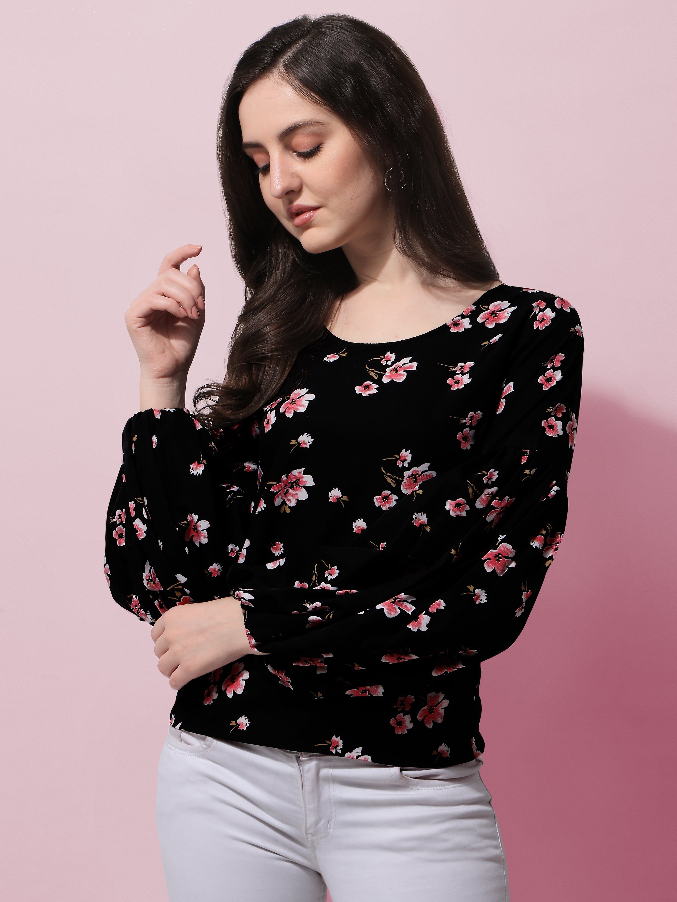 Floral Printed Round Neck Long Puff Sleeves Regular Top
