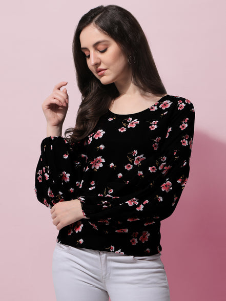 Floral Printed Round Neck Long Puff Sleeves Regular Top