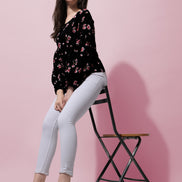 Floral Printed Round Neck Long Puff Sleeves Regular Top