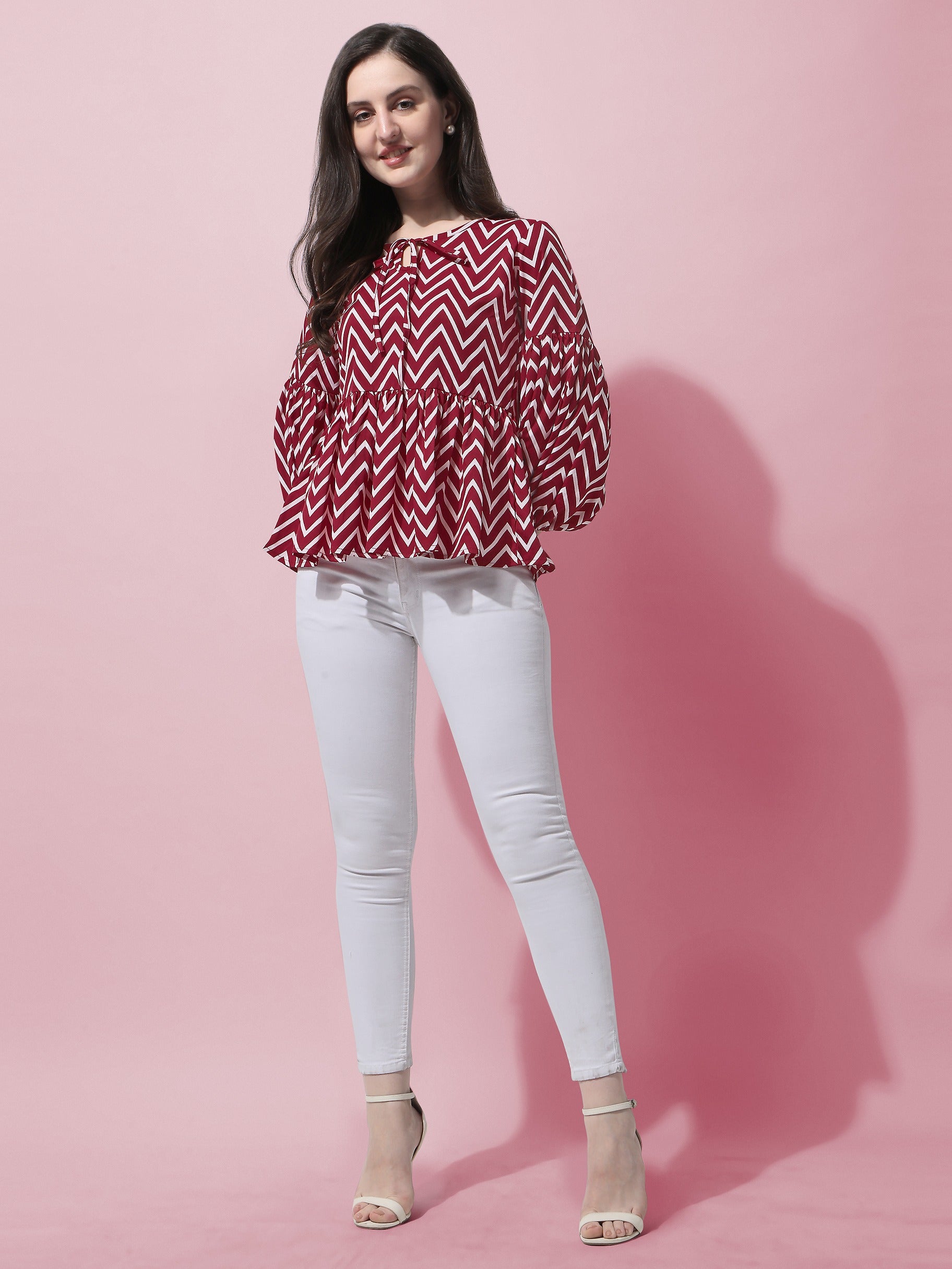 Casual Balloon Sleeve Red Top