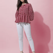 Casual Balloon Sleeve Red Top