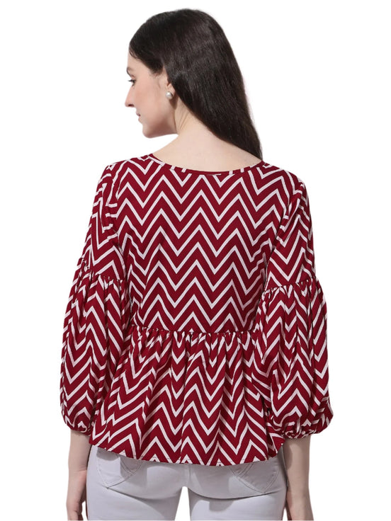 Casual Balloon Sleeve Red Top