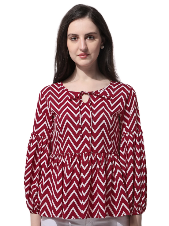 Casual Balloon Sleeve Red Top