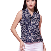 Women's Navy Blue Floral Print Sleeveless Collar Neck Top