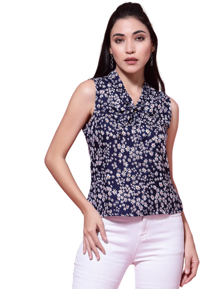 Women's Navy Blue Floral Print Sleeveless Collar Neck Top