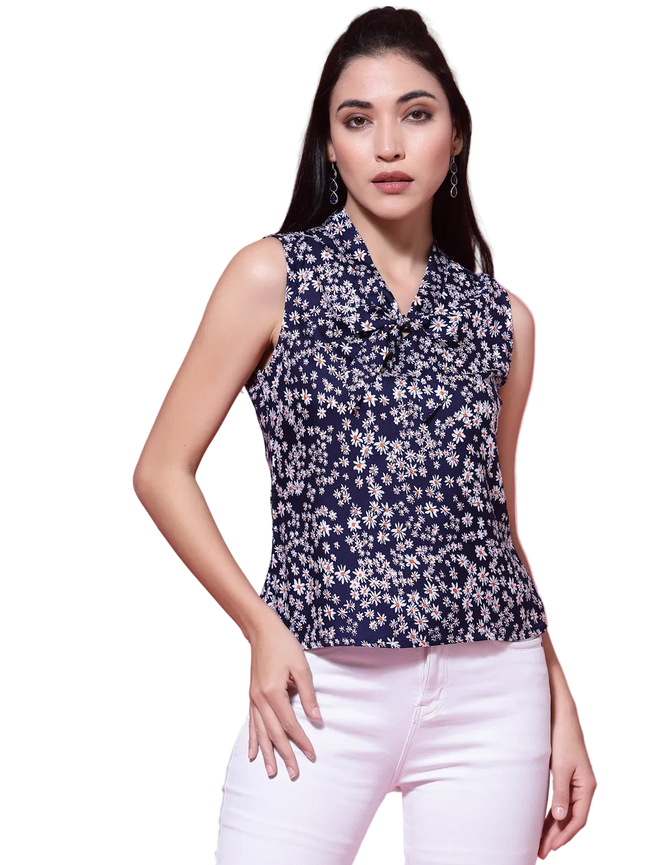 Women's Navy Blue Floral Print Sleeveless Collar Neck Top