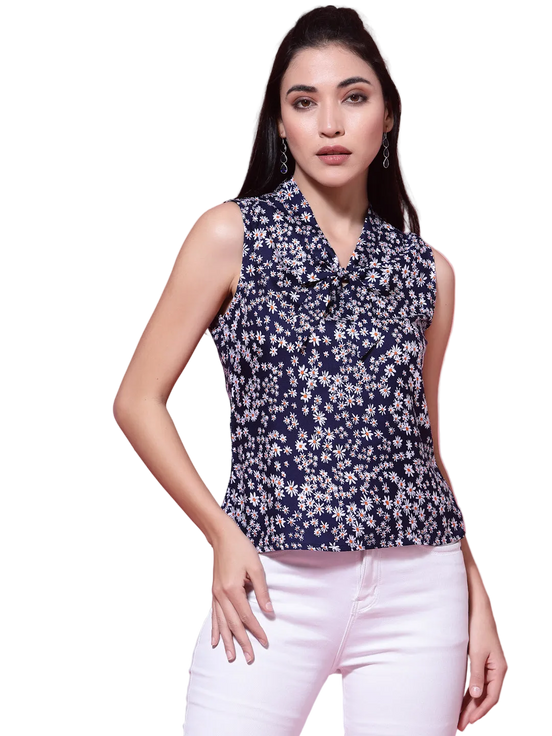 Women's Navy Blue Floral Print Sleeveless Collar Neck Top