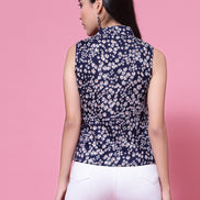 Women's Navy Blue Floral Print Sleeveless Collar Neck Top