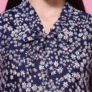 Women's Navy Blue Floral Print Sleeveless Collar Neck Top