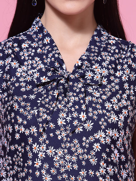 Women's Navy Blue Floral Print Sleeveless Collar Neck Top