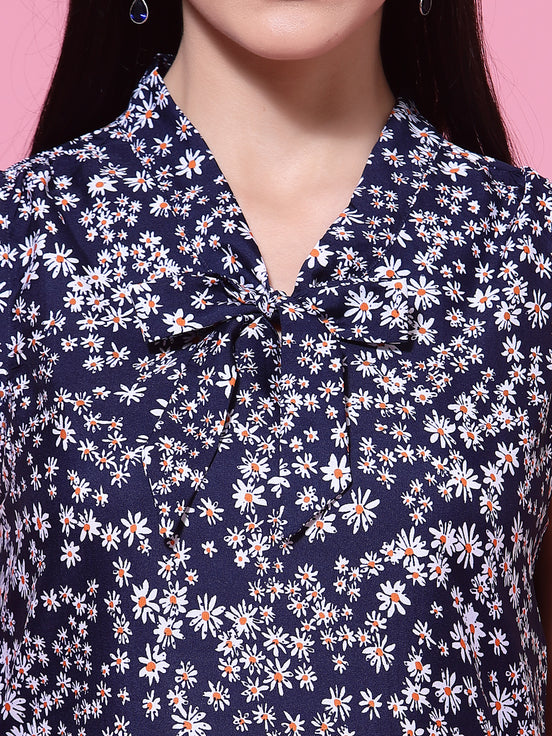 Women's Navy Blue Floral Print Sleeveless Collar Neck Top