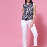 Women's Navy Blue Floral Print Sleeveless Collar Neck Top