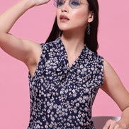 Women's Navy Blue Floral Print Sleeveless Collar Neck Top