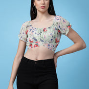 Women Floral Printed Waist Tie-Up Crop Top