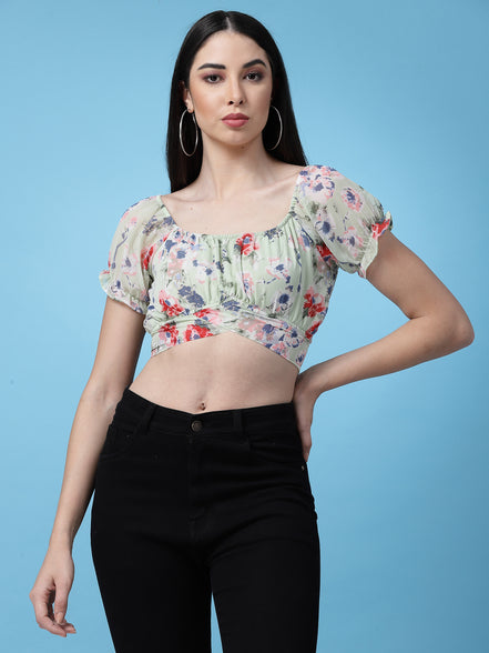 Women Floral Printed Waist Tie-Up Crop Top