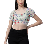 Women Floral Printed Waist Tie-Up Crop Top