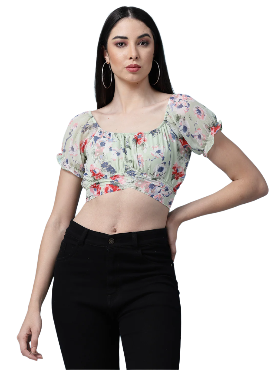 Women Floral Printed Waist Tie-Up Crop Top