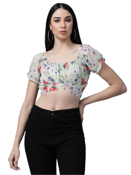 Women Floral Printed Waist Tie-Up Crop Top