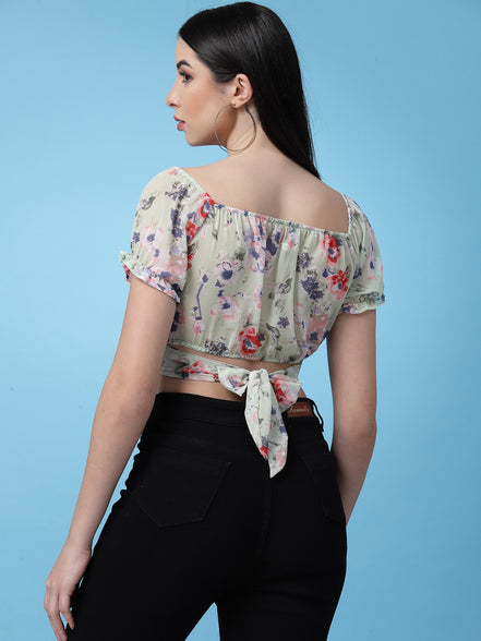 Women Floral Printed Waist Tie-Up Crop Top