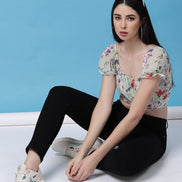 Women Floral Printed Waist Tie-Up Crop Top