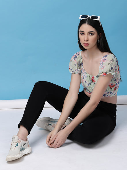 Women Floral Printed Waist Tie-Up Crop Top