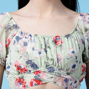 Women Floral Printed Waist Tie-Up Crop Top