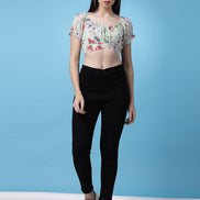 Women Floral Printed Waist Tie-Up Crop Top