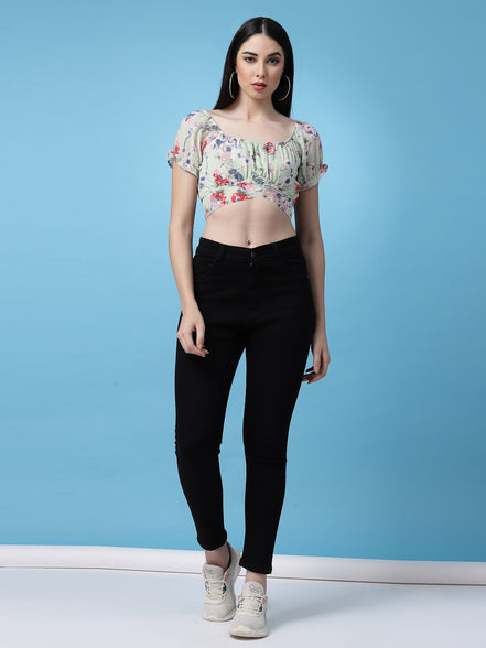 Women Floral Printed Waist Tie-Up Crop Top