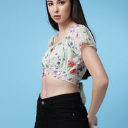 Women Floral Printed Waist Tie-Up Crop Top