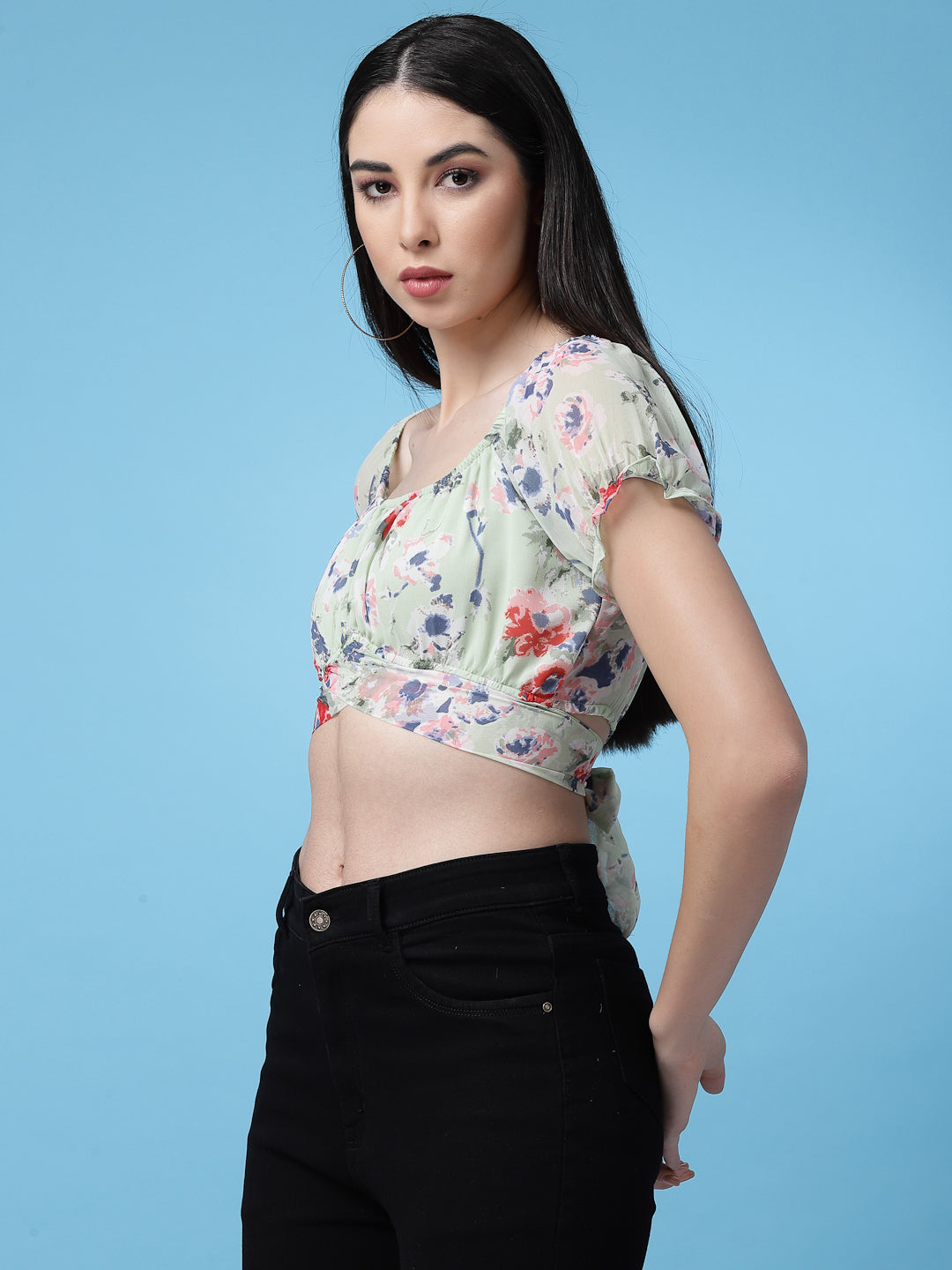 Women Floral Printed Waist Tie-Up Crop Top