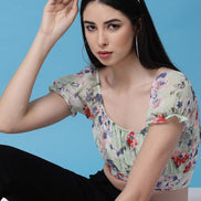 Women Floral Printed Waist Tie-Up Crop Top