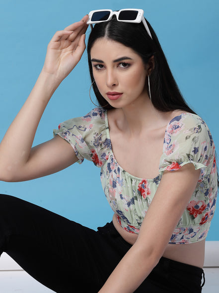 Women Floral Printed Waist Tie-Up Crop Top