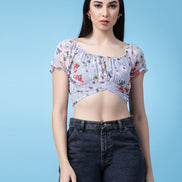 Women Floral Printed Waist Tie-Up Crop Top