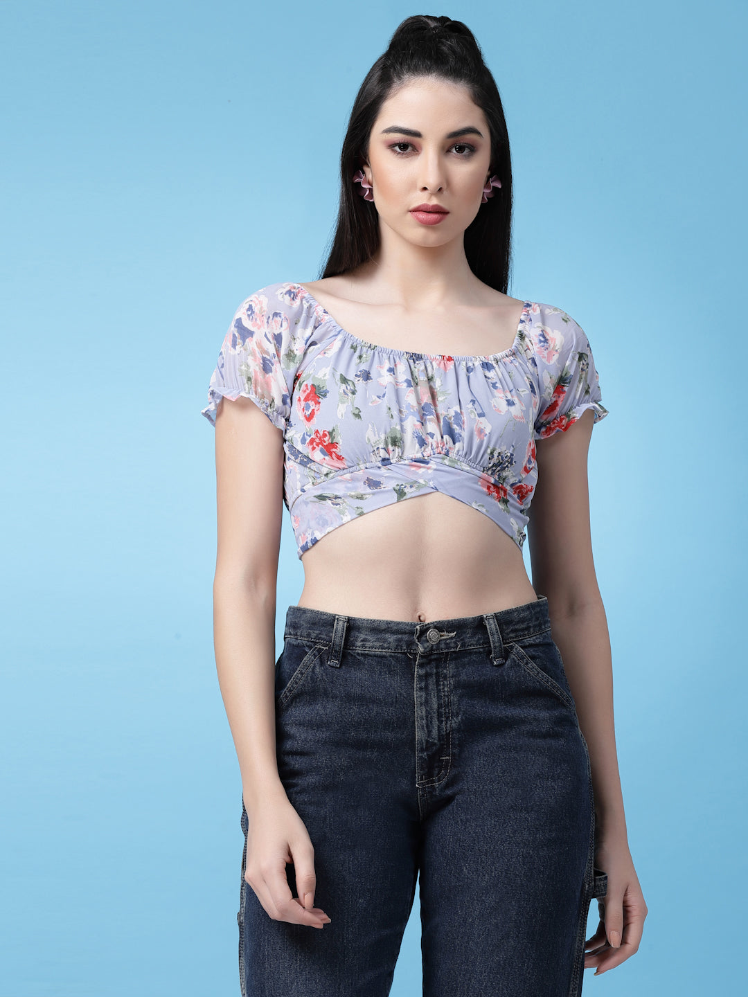 Women Floral Printed Waist Tie-Up Crop Top