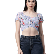 Women Floral Printed Waist Tie-Up Crop Top