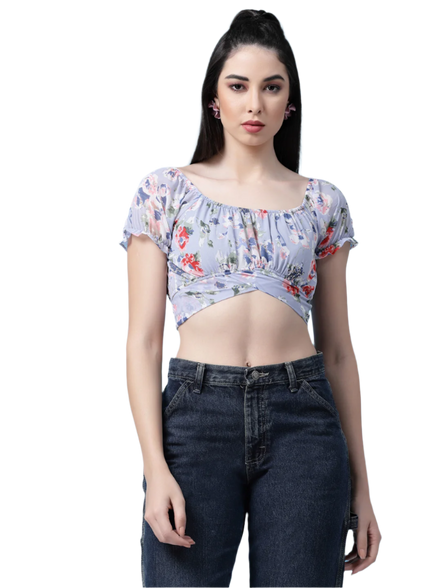 Women Floral Printed Waist Tie-Up Crop Top