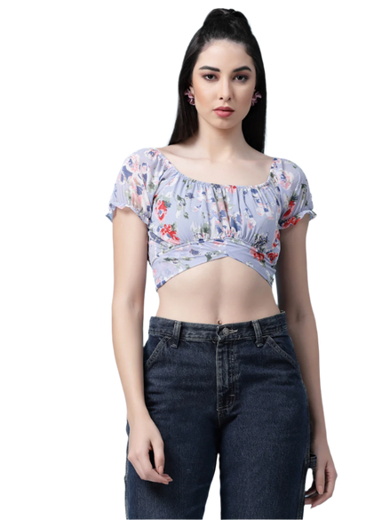 Women Floral Printed Waist Tie-Up Crop Top