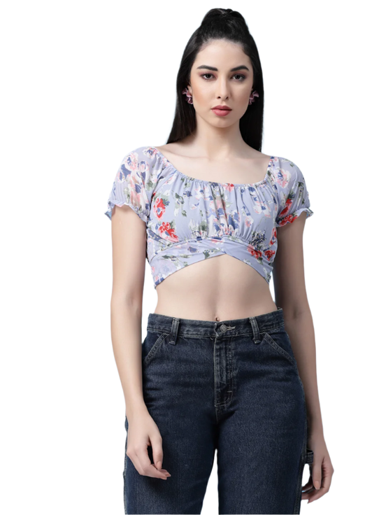 Women Floral Printed Waist Tie-Up Crop Top