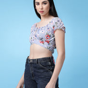 Women Floral Printed Waist Tie-Up Crop Top