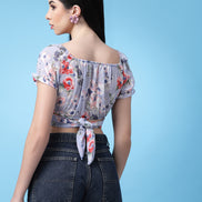 Women Floral Printed Waist Tie-Up Crop Top