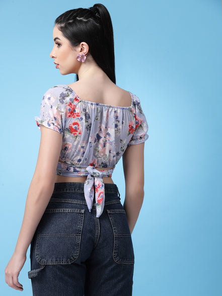 Women Floral Printed Waist Tie-Up Crop Top