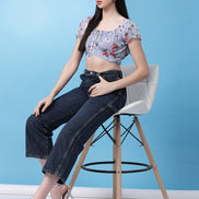 Women Floral Printed Waist Tie-Up Crop Top