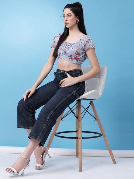 Women Floral Printed Waist Tie-Up Crop Top